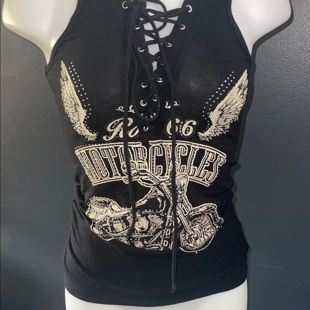 Black Lace-Up Graphic Tank Top